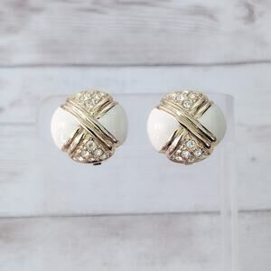 Vintage Clip On Earrings Stylish & Regal Gold Tone, Cream Enamel & Clear Gem